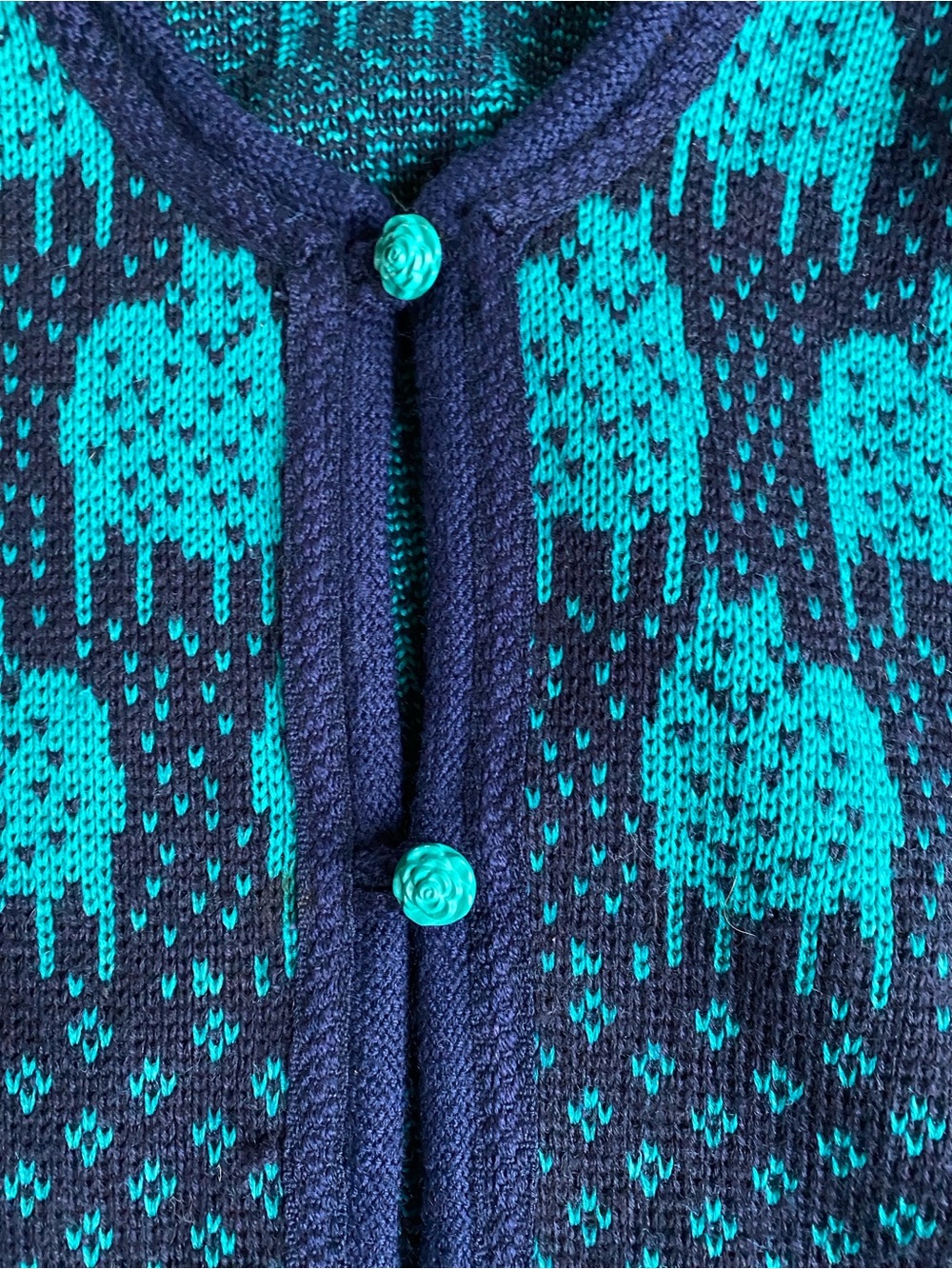 Vintage Halling Norway Norwegian Teal and Navy Patterned Cardigan Sweater - Picture 8 of 14